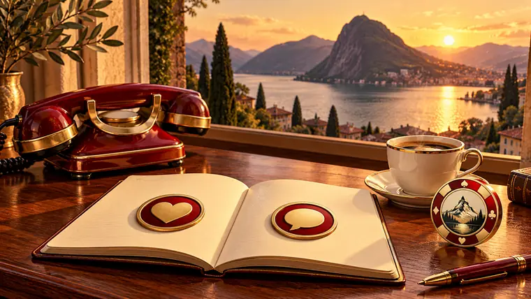 Telefono e quaderno su una scrivania con vista sul lago di Lugano: aiuto in italiano per il gioco d’azzardo