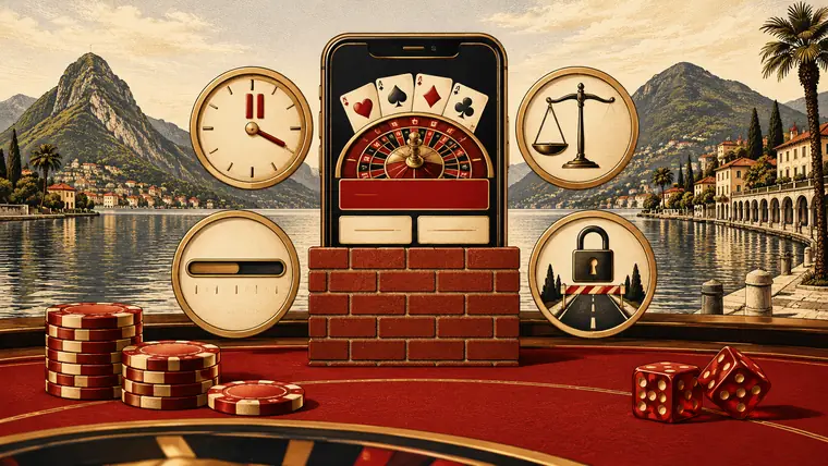 Smartphone con sito di casinò online bloccato e quattro simboli sulle conseguenze dell’assenza di concessione