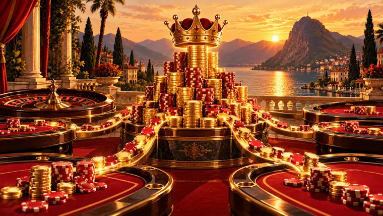 Torre di monete d’oro e fiche sotto una corona d’oro, alimentata da rivoli di fiche provenienti da più tavoli: come cresce un jackpot