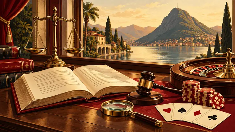 Libro di legge, bilancia della giustizia e lente: la legge sui giochi in denaro spiegata