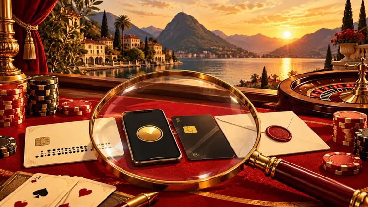 Biglietto prepagato, smartphone, carta di debito e busta di bonifico sotto una lente d’ingrandimento, sul feltro rosso: confronto dei metodi di pagamento