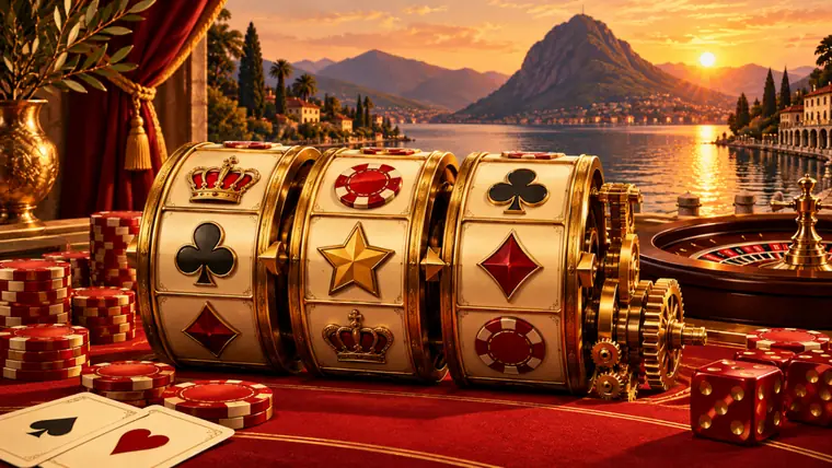Tre rulli dorati con simboli incisi e un ingranaggio a vista su un tavolo di feltro rosso, davanti al lago di Lugano: come funziona una slot